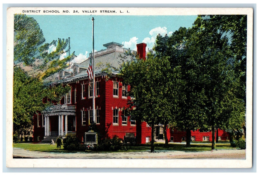 c1920's District School No.24 Building Half Flag Valley Stream N.Y. Postcard