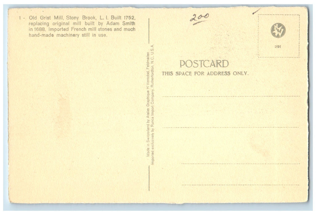 c1920's Old Gist Mill Stony Brook Long Island New York NY Unposted Duck Postcard
