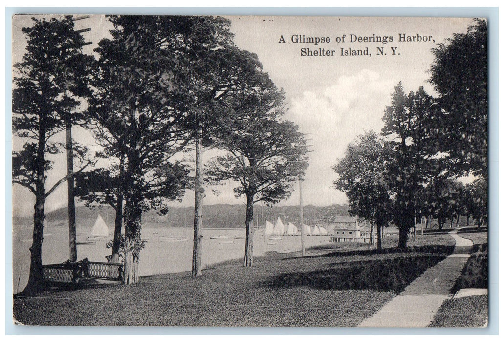 1908 Glimpse Deering's Harbor Sailboat Dock Side Shelter Island N.Y. Postcard
