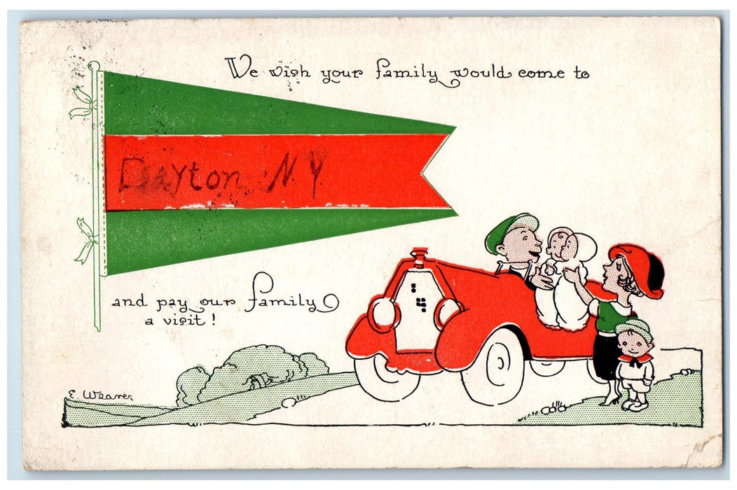 c1910's Greetings From Clayton New York NY, Car Family Humor Pennant Postcard