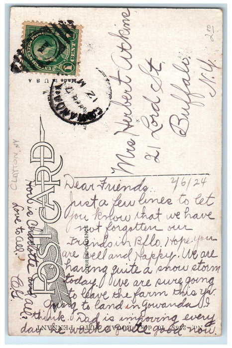 c1910's Greetings From Clayton New York NY, Car Family Humor Pennant Postcard