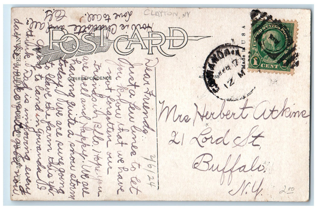 c1910's Greetings From Clayton New York NY, Car Family Humor Pennant Postcard