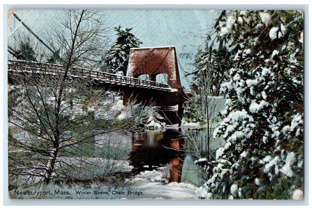 1909 Newburyport Winter Scene Chain Bridge lake Pond Newburyport M.A. Postcard