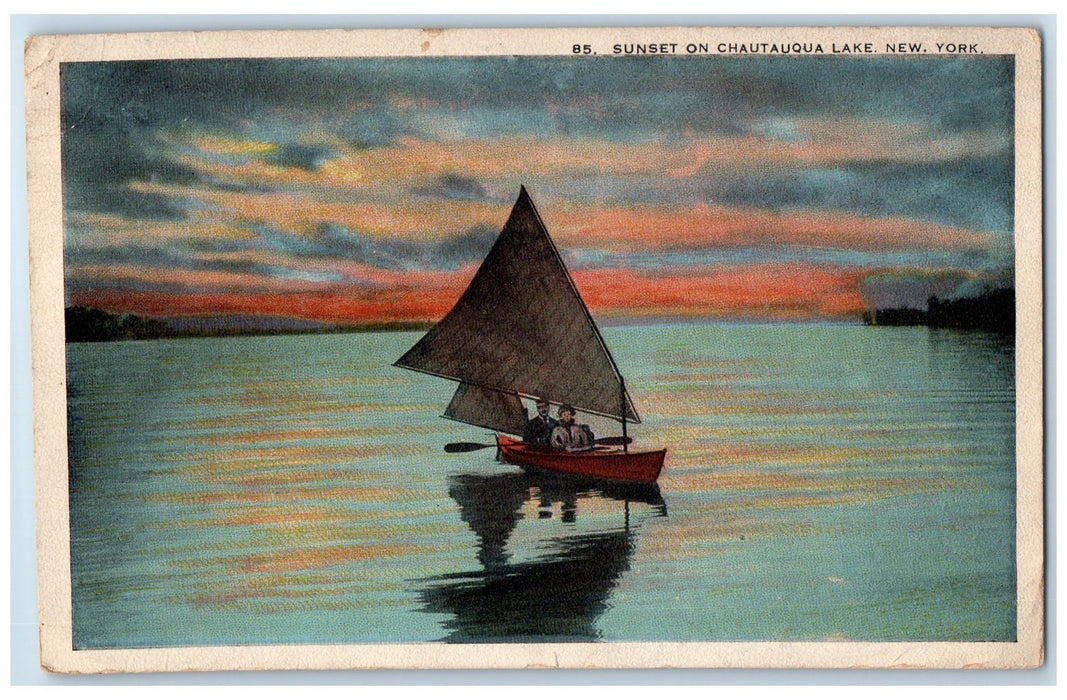 1921 Sunset On Chautauqua Lake New York NY, Boat Canoeing Scene Antique Postcard