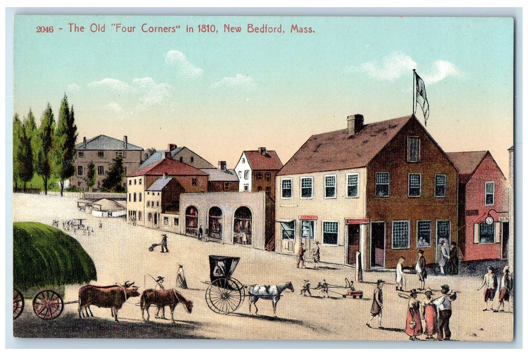 c1950 The Old Four Corners 1810 Store Horse Cow Carriage New Bedford MA Postcard