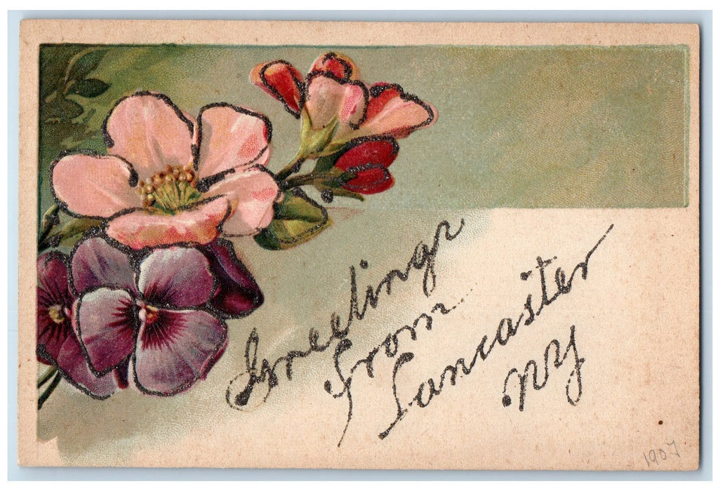 c1910's Greetings From Lancaster Embossed New York NY Unposted Flowers Postcard