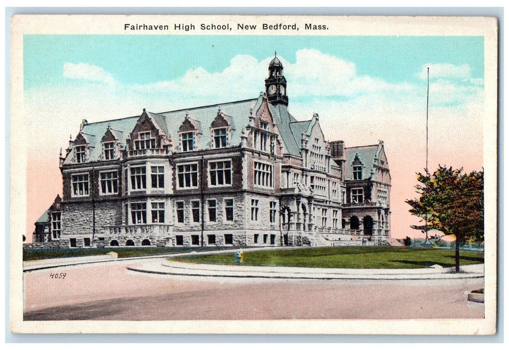 c1920's Fairhaven High School Clock Tower Bell View New Bedford M.A. Postcard