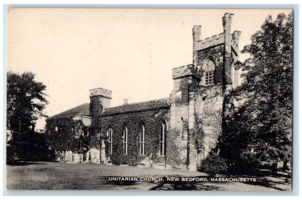 c1910's Unitarian Church Building Dirt Road Trees New Bedford M.A. Postcard