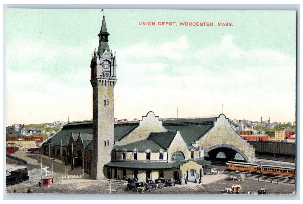 c1910's Union Depot Train Railroad Clock Horse Carriage Worcester M.A. Postcard