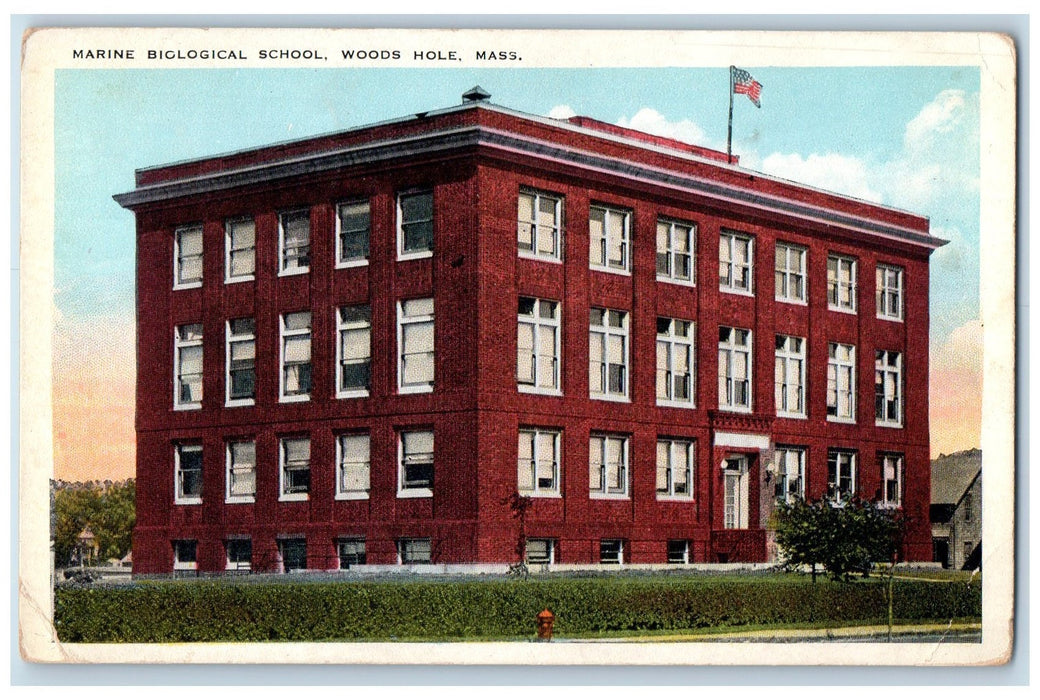 c1920 Marine Biological School Flag Fire Hydrant Woods Hole M.A. Postcard