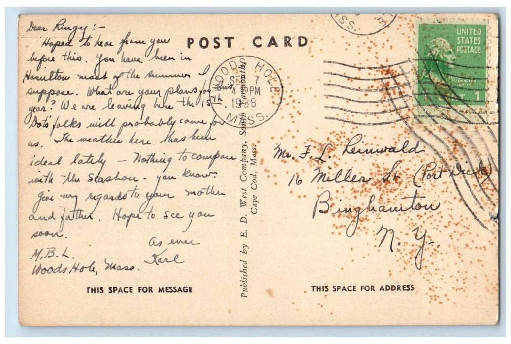 1938 The Marine Biological Laboratory Building View Woods Hole M.A. Postcard