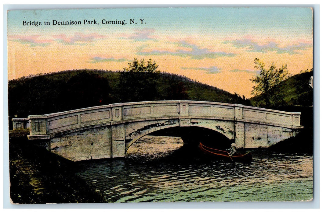 1914 Bridge In Dennison Park Boat Canoeing Scene Corning New York NY Postcard
