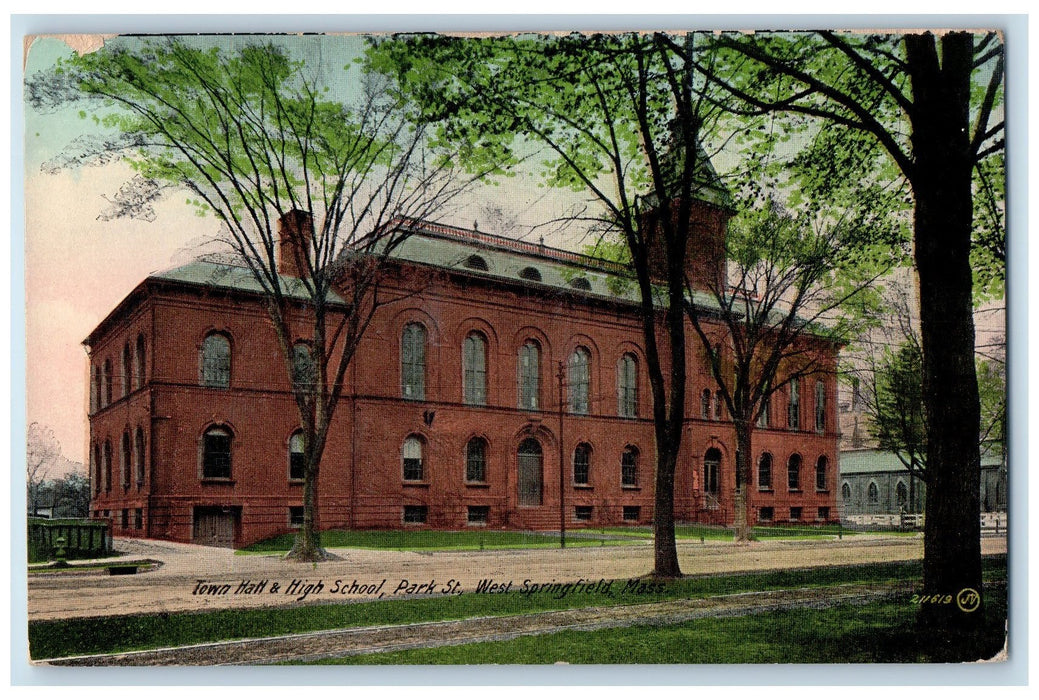 c1950's Town Hall High School Park St. Dirt Road West Springfield MA Postcard