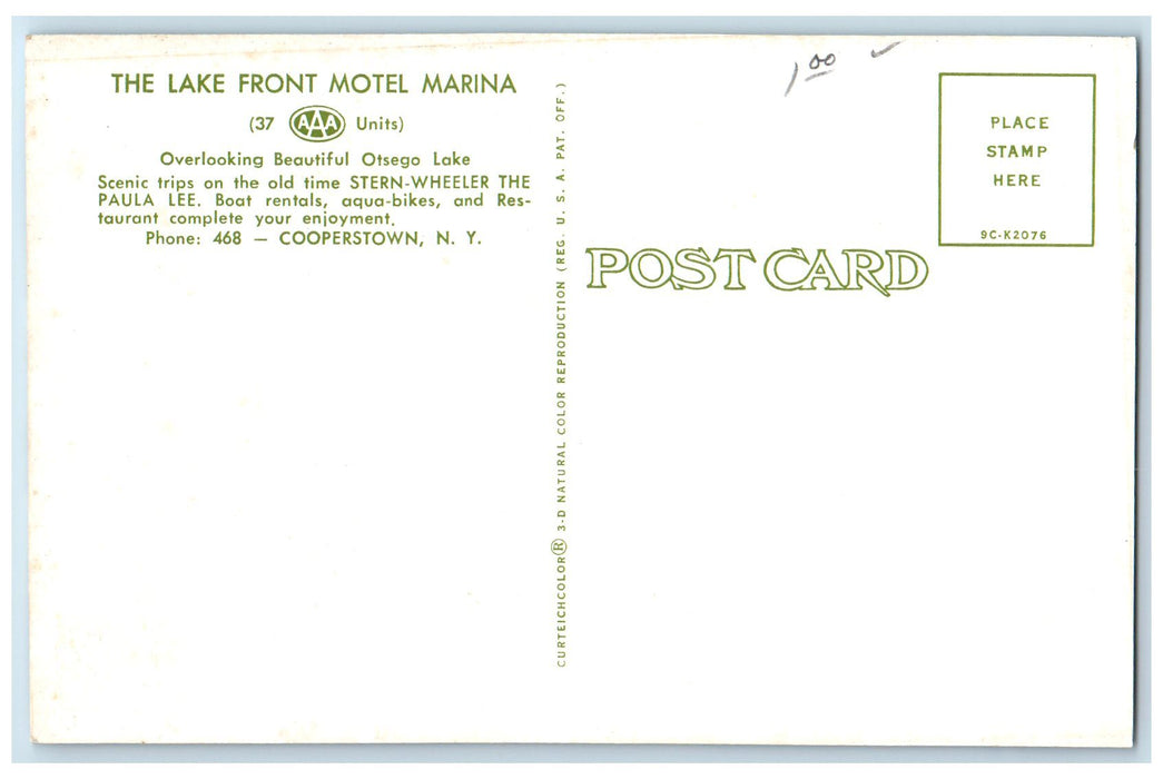 The Lake Front Motel Marina Boat-lined Scene Cooperstown New York NY Postcard