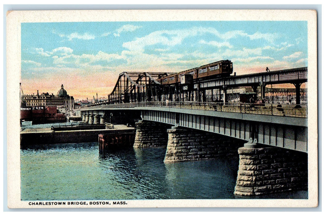 Charlestown Bridge Boston Massachusetts MA, Train Railroad Scene Postcard