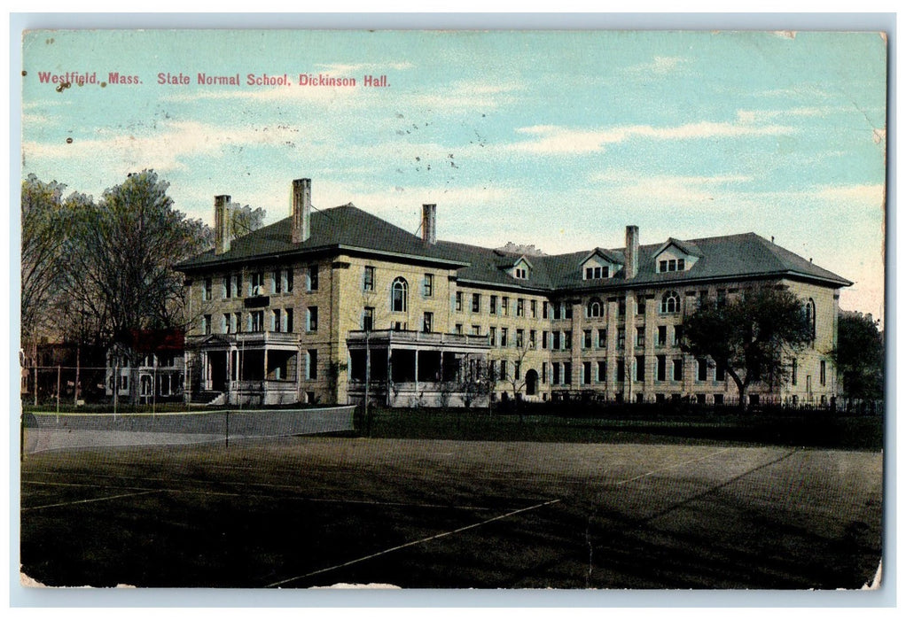 1910 State Normal School Dickinson Hall View Tennis Court Westfield MA Postcard