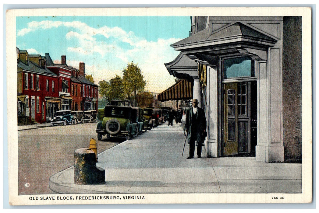 1939 Old Shave Block Fredericksburg Virginia VA, Car-lined Street Scene Postcard