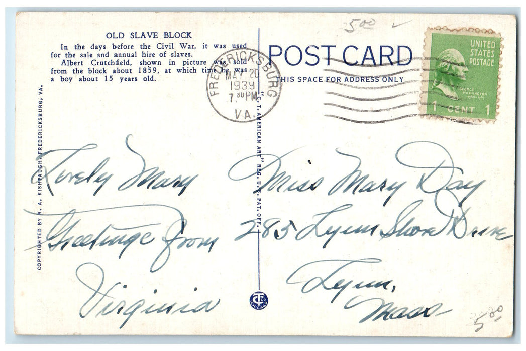 1939 Old Shave Block Fredericksburg Virginia VA, Car-lined Street Scene Postcard