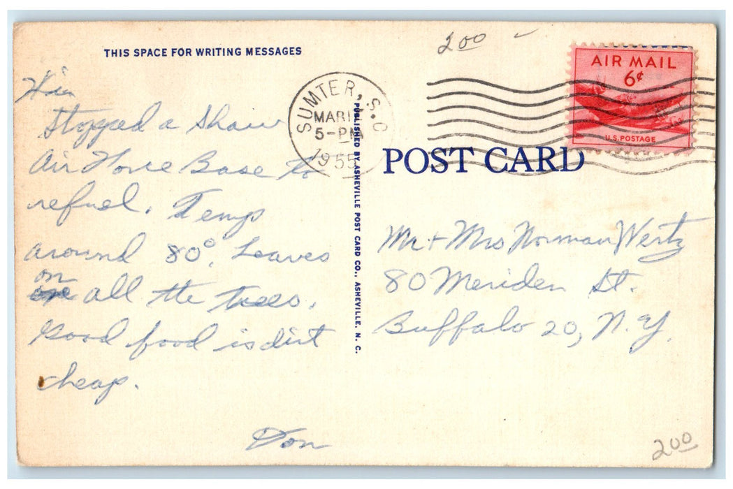 1955 Officer's Club House Shaw Air Force Base Sumter South Carolina SC Postcard