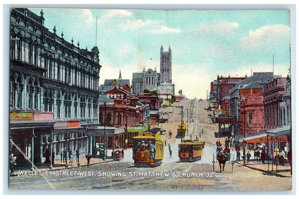 c1910's Wellesley Street West Showing St. Matthew's Church New Zealand Postcard