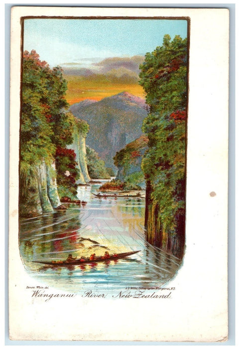 c1905 Scenic View Of Wanganui River New Zealand, Boat Canoeing Scene Postcard