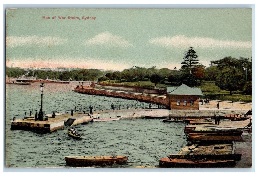c1910's Man Of War Stairs Sydney Australia, Boat Canoeing Dock View  Postcard