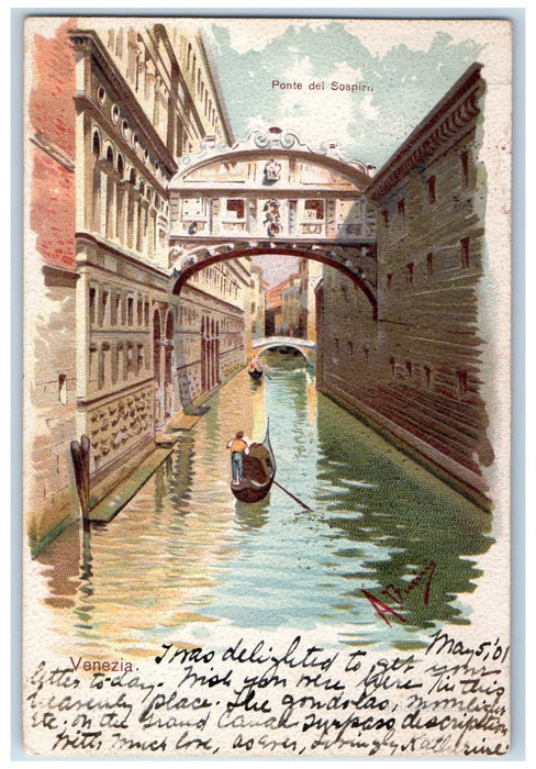 c1905 View Of Ponte Del Suspirl Venezia Italy Boat Canoeing Antique Postcard