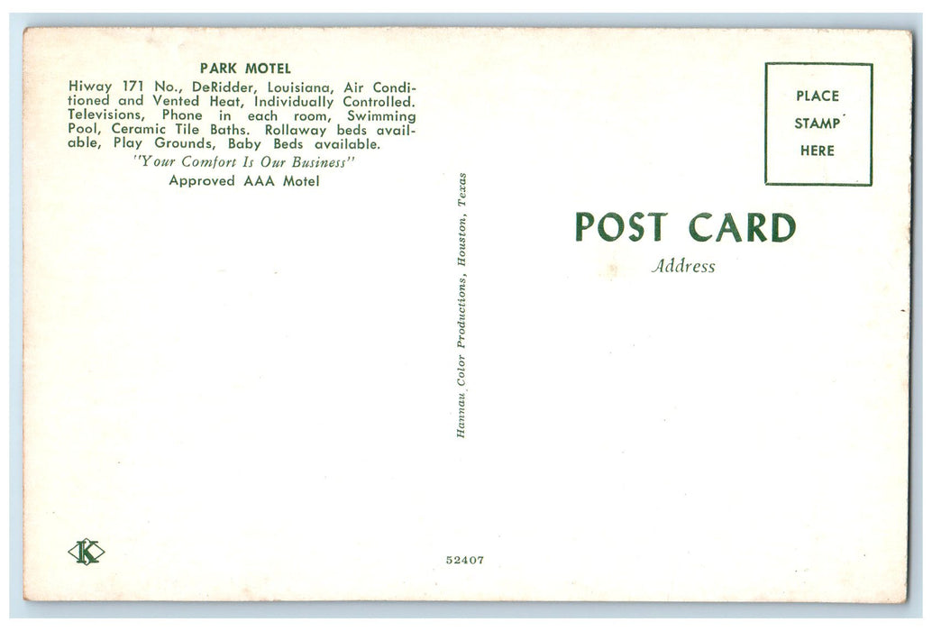 Park Motel Exterior Scene Roadside Deridder Louisiana LA Vintage Postcard