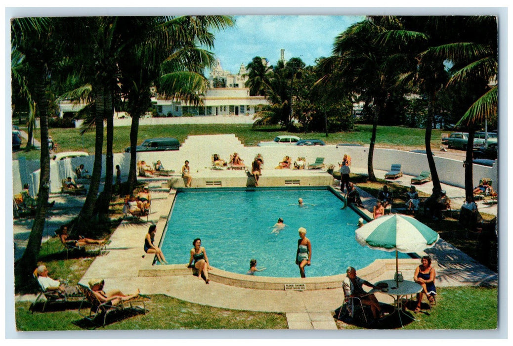 1962 Mantell Plaza Hotel Swimming Pool Scene Miami Beach Florida FL Postcard