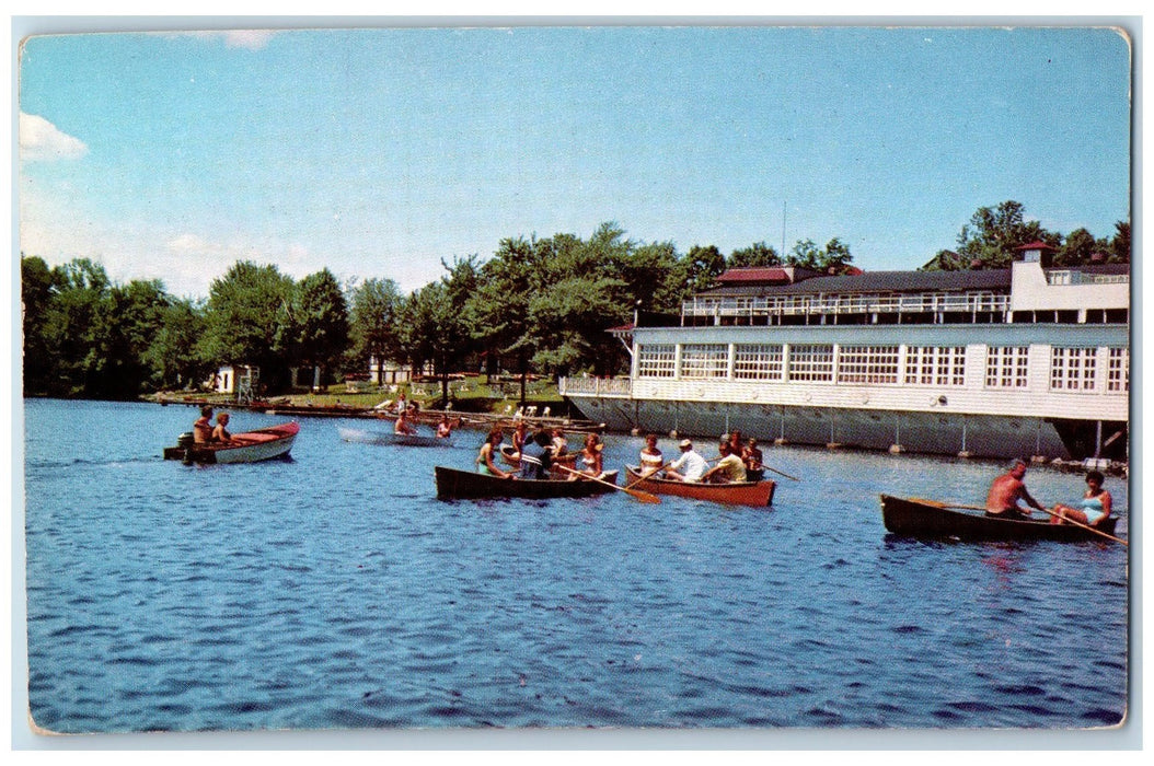 Boathouse Laurels Country Club Boat Canoeing Scene On Sackett Lake NY Postcard
