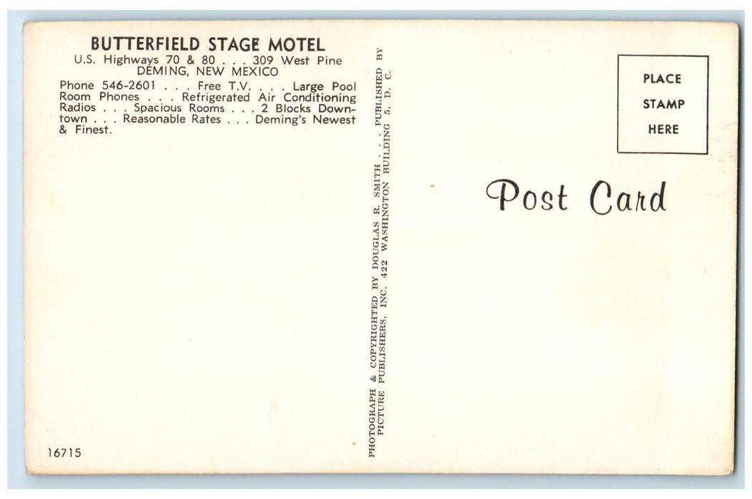Butterfield Stage Motel Swimming Pool Deming New Mexico NM, Car-lined Postcard