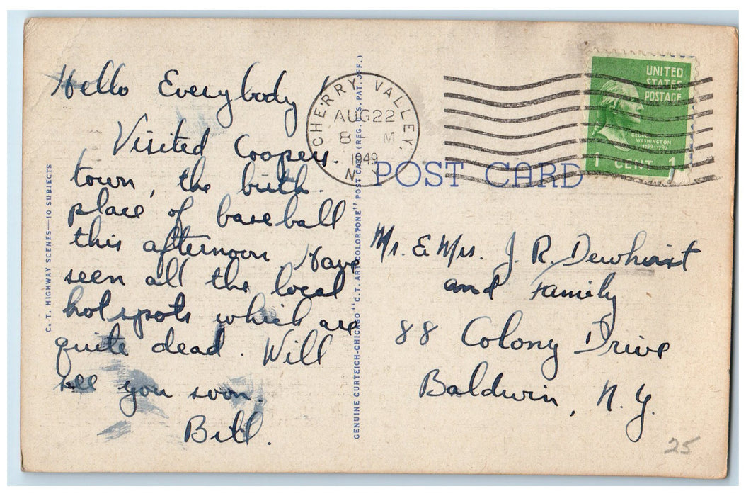 1949 Greetings From Cooperstown Cherry Valley NY, Street View Vintage Postcard