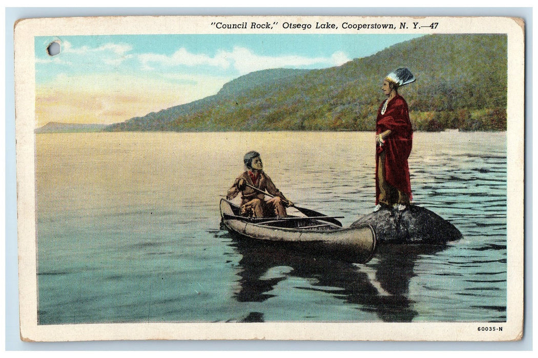 1945 Council Rock Otsego Lake Cooperstown New York NY, Boat Canoeing Postcard
