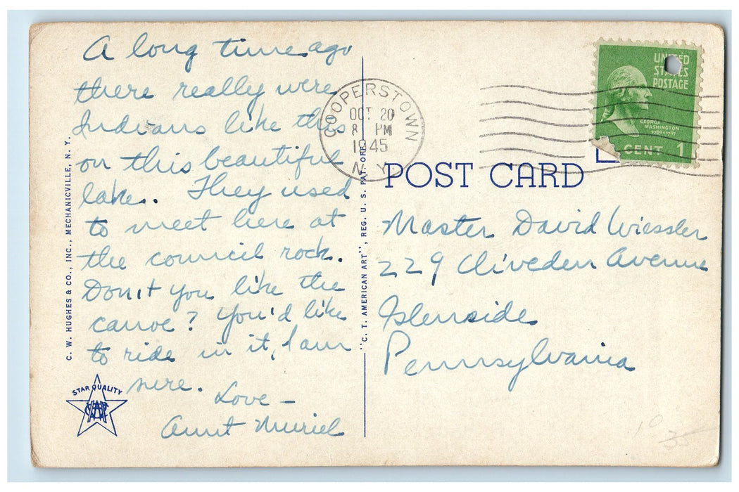 1945 Council Rock Otsego Lake Cooperstown New York NY, Boat Canoeing Postcard