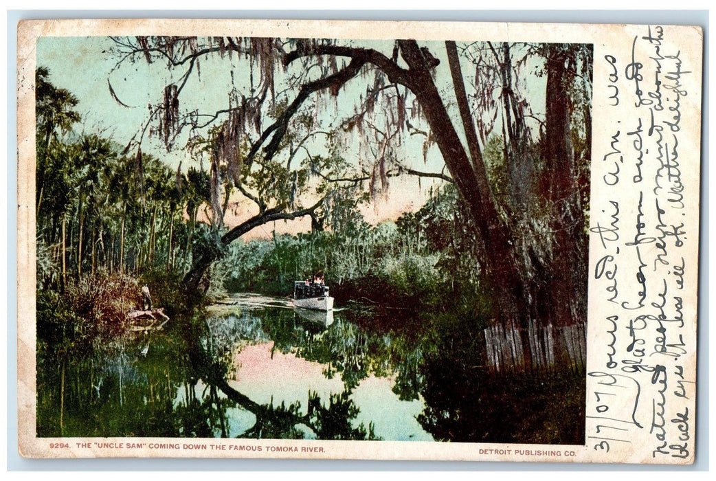 1907 The Uncle Sam Coming Down The Famous Tomoka River Florida FL RPO Postcard