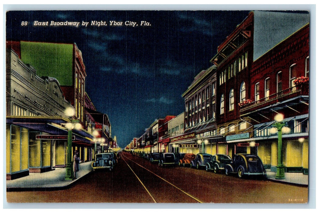 East Boardway By Night Scene Ybor City Florida FL, Car-lined Vintage Postcard