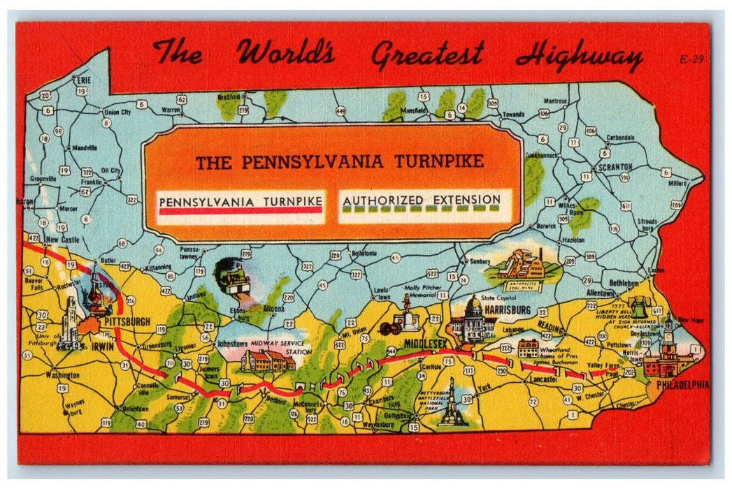 c1950's The World's Greatest Highway Map Pennsylvania Turnpike PA Postcard