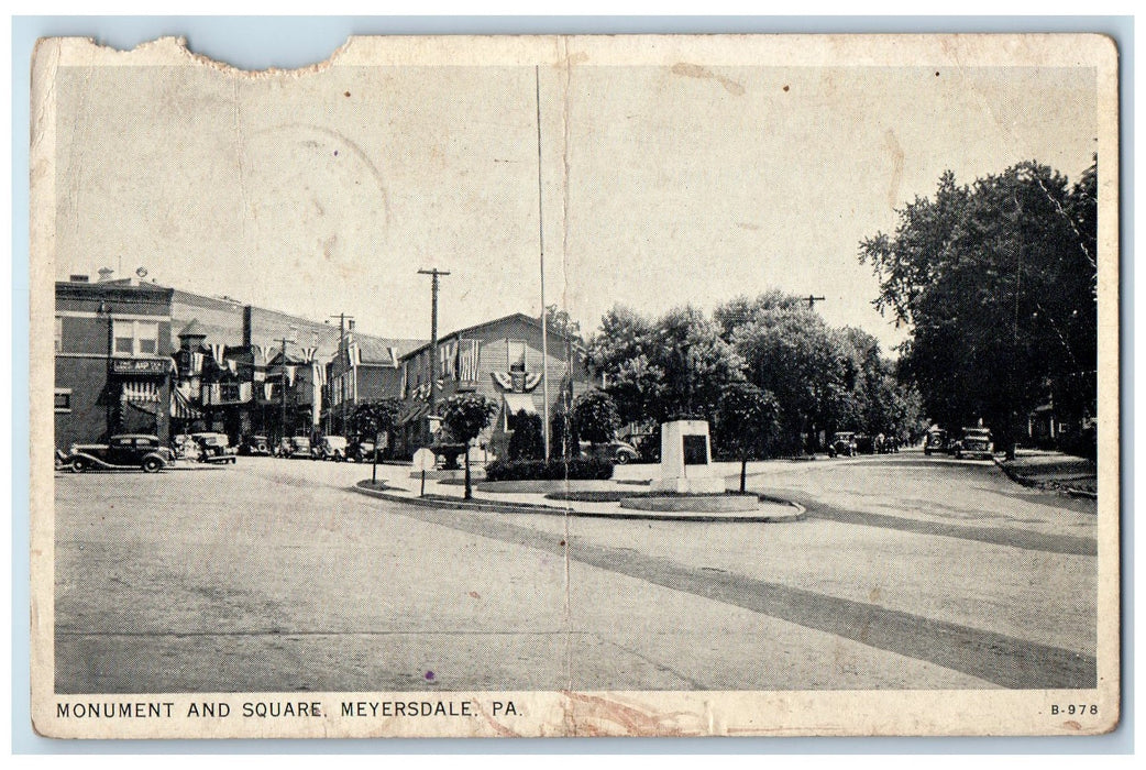 1938 Monument Square Statue Classic Cars Meyersdale Pennsylvania PA Postcard