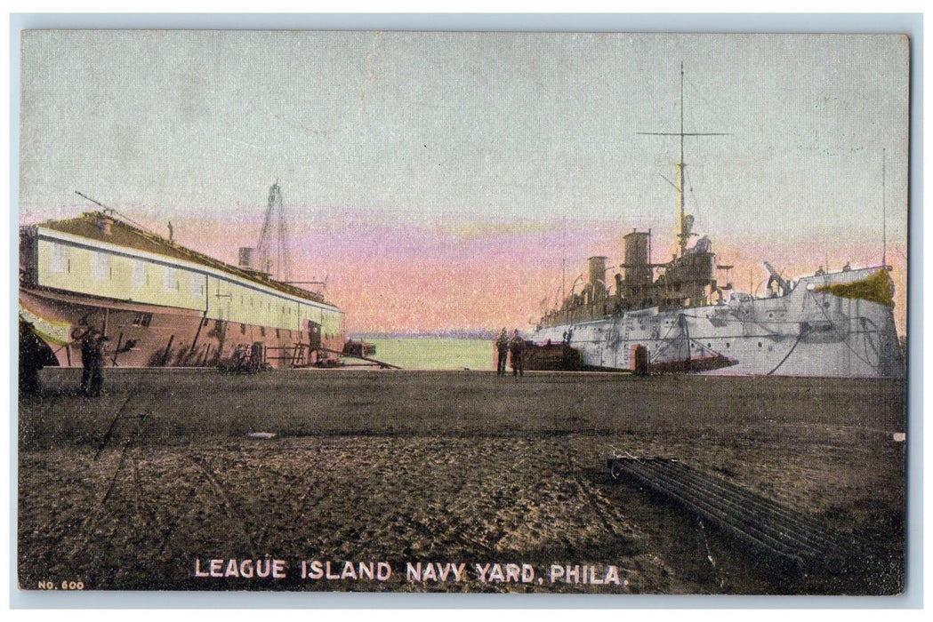 c1950 League Island Navy Yard Dock Boat Ship Soldiers Philadelphia PA Postcard