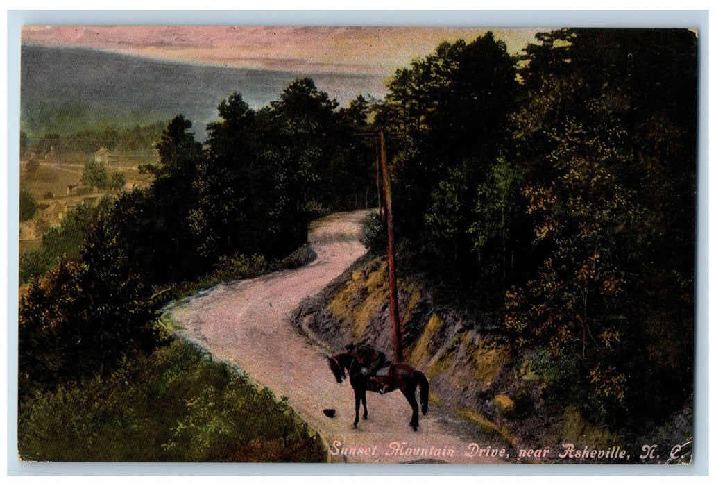 c1950 Sunset Mountain Drive Horseman Dirt Road Overlooking Asheville NC Postcard