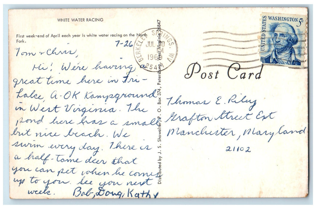 1969 White Water Racing River Boat Rafting Berkeley Springs WV Postcard