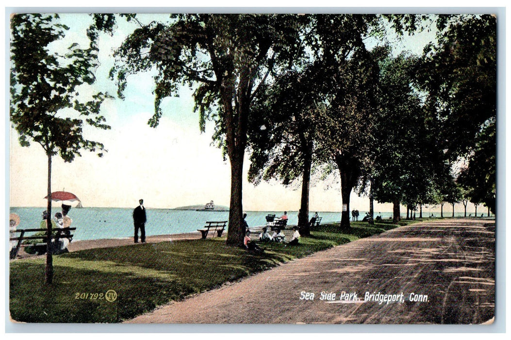 c1905's Sea Side Park Dirt Road Ship Bench Tourist Trees Bridgeport CT Postcard