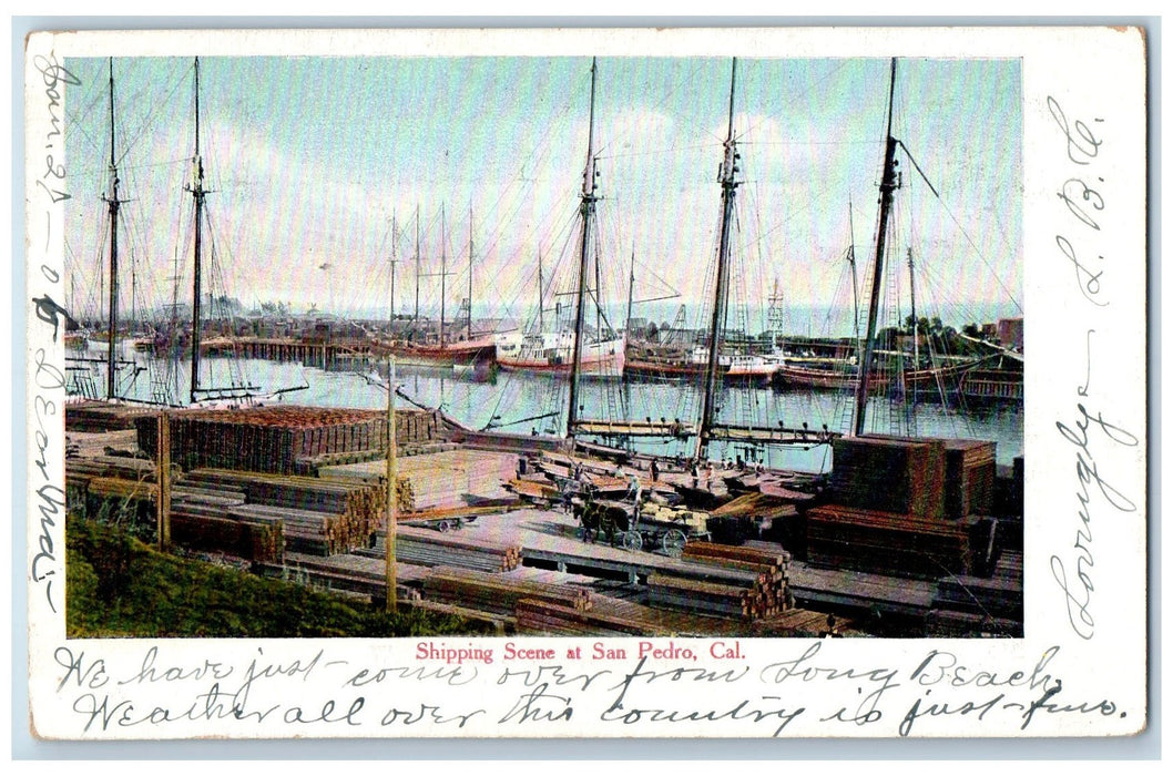 1908 Shipping Scene Docking Ships Cargo Horse Carriage San Pedro CA Postcard