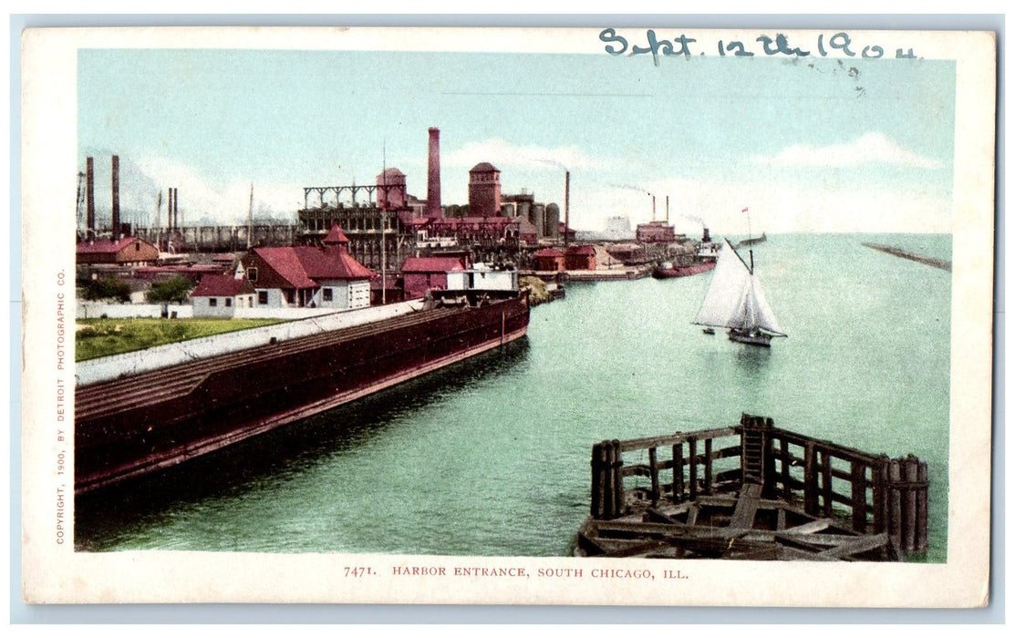 c1905's Harbor Entrance Ship Sailboat Dock South Chicago Illinois IL Postcard