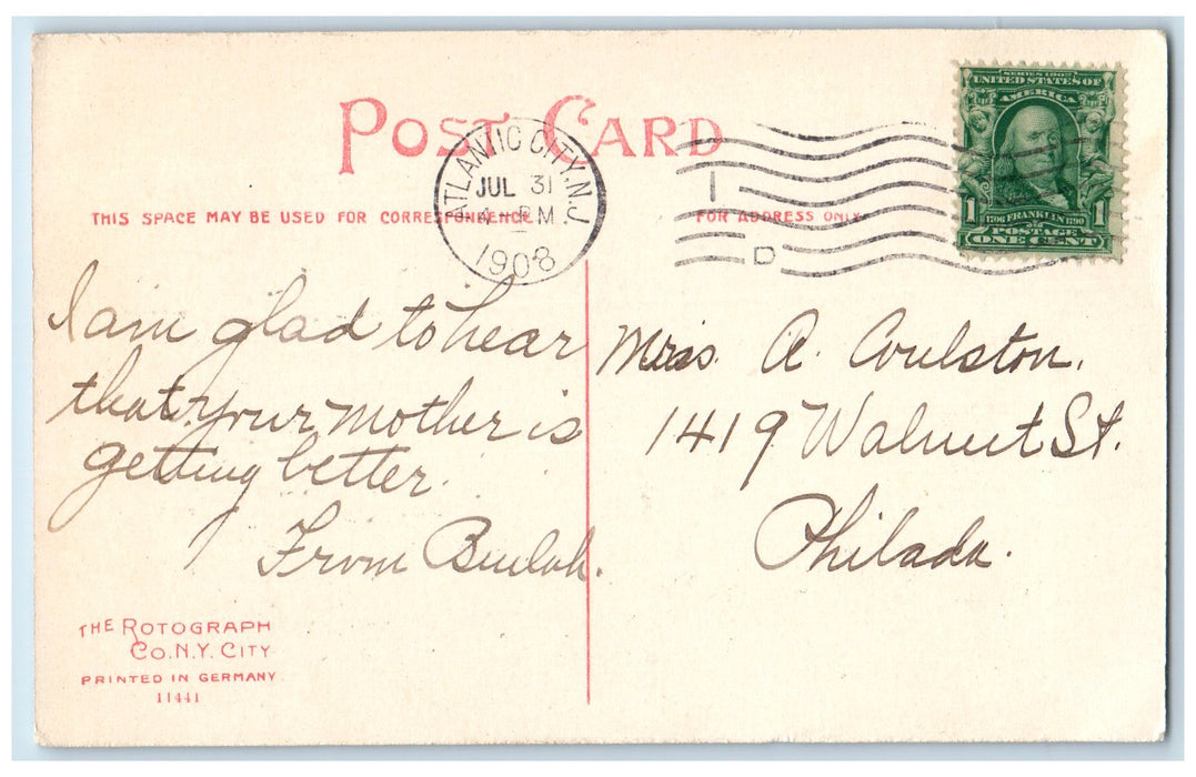 1908 Greetings From Atlantic City Sailing Boat Passenger New Jersey NJ Postcard