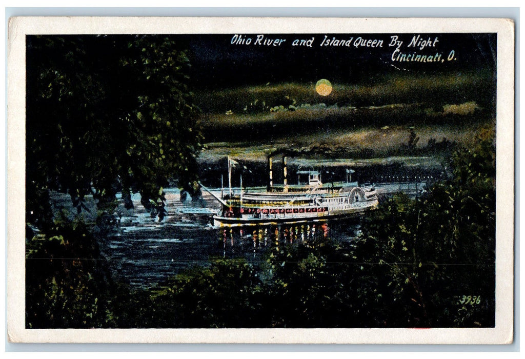 c1920's Ohio River Island Queen By Night Passenger Ship Cincinnati OH Postcard