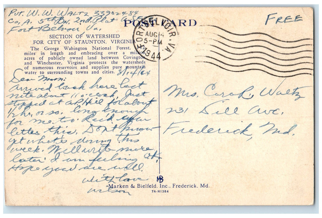 1944 Watershed Section Boating Sightseeing Lake Staunton Virginia VA Postcard