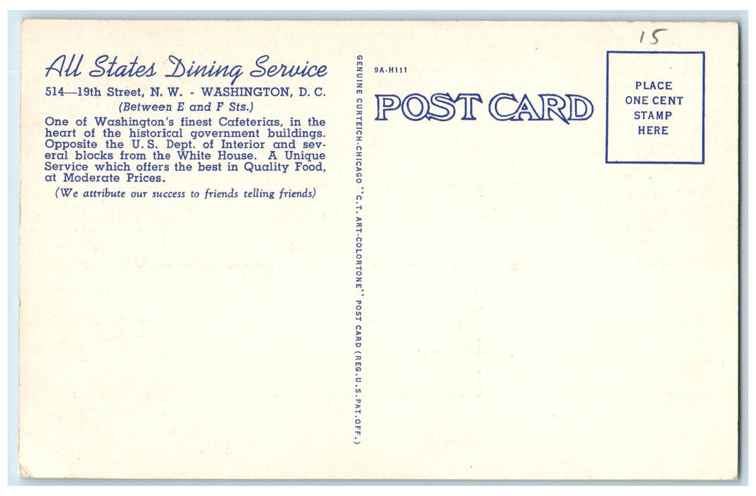c1960's All States Dining Service Multiple View Settings Washington DC Postcard