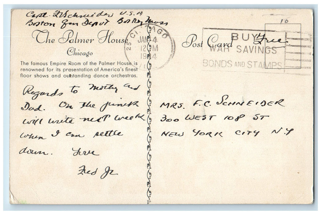 1944 Empire Palmer House Restaurant Chicago Soldier MaiI Illinois IL Postcard