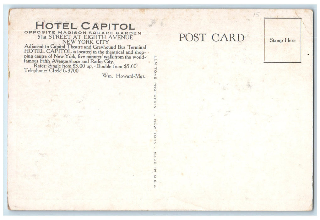 c1920's Hotel Capitol View Restaurant Eight Avenue New York City Postcard